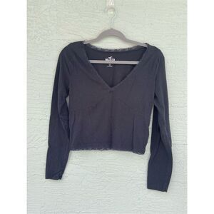 Hollister Women's Black Lace Trim Long Sleeve Crop Top Standard Size L